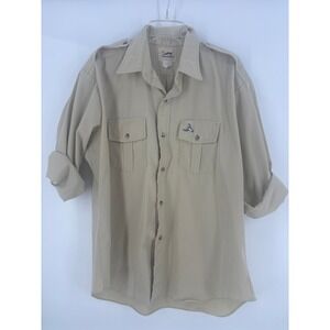 Duxbak Mens Beige Button Up Long‎ Sleeve Shirt Embroidered Duck Pockets